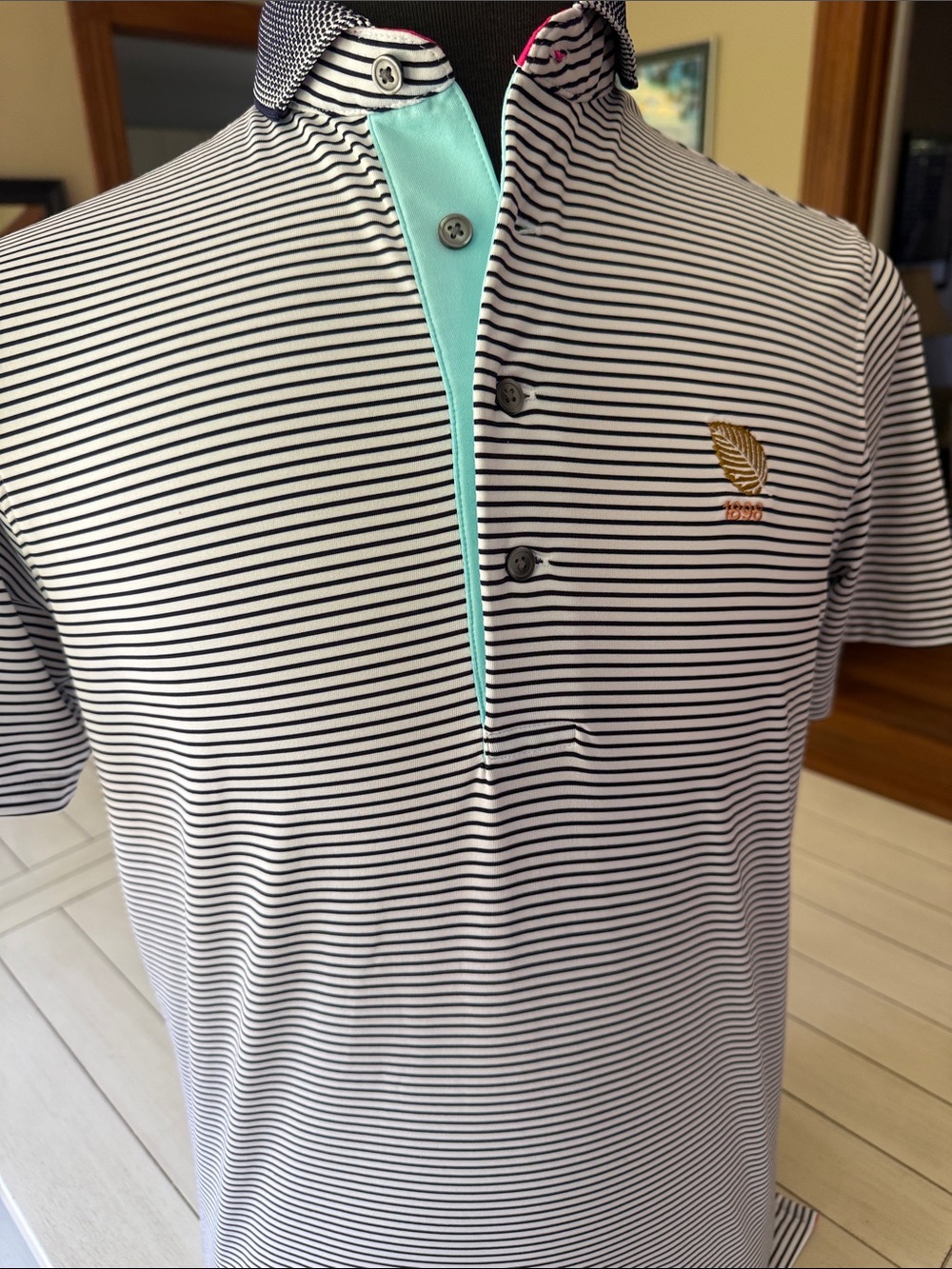 Greyson Striped Polo with Mint Placket and Embroidered Leaf